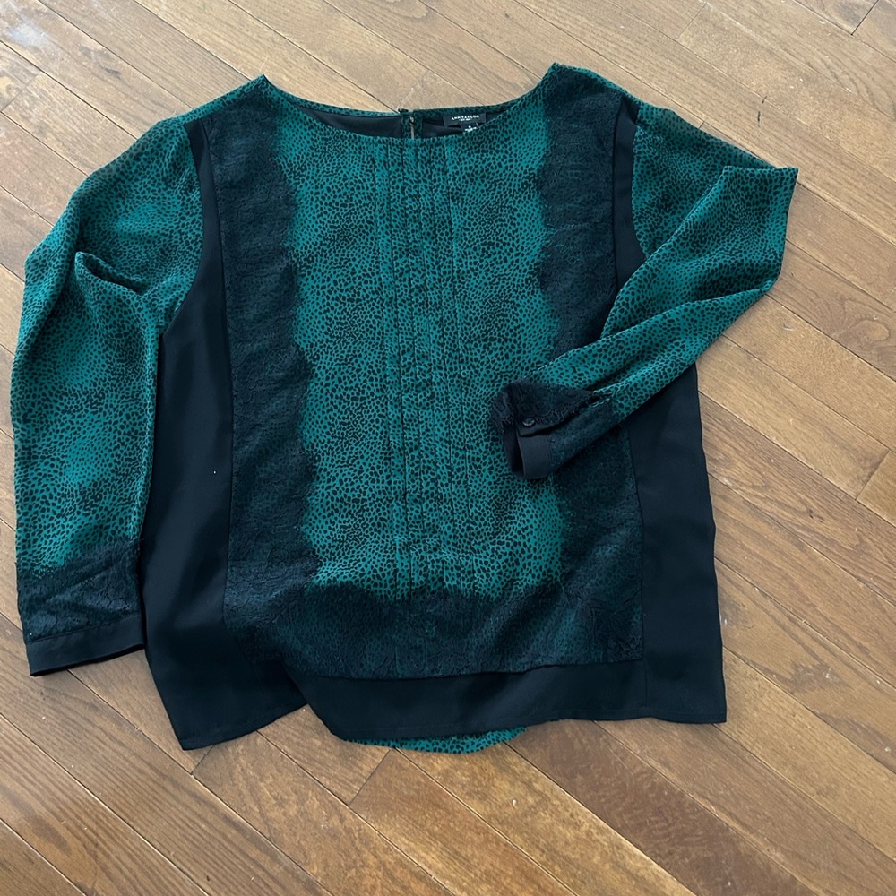 Ann Taylor Teal and Black Animal Print Blouse